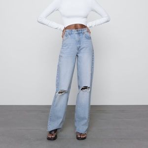 Zara wide leg full length ripped jeans light blue